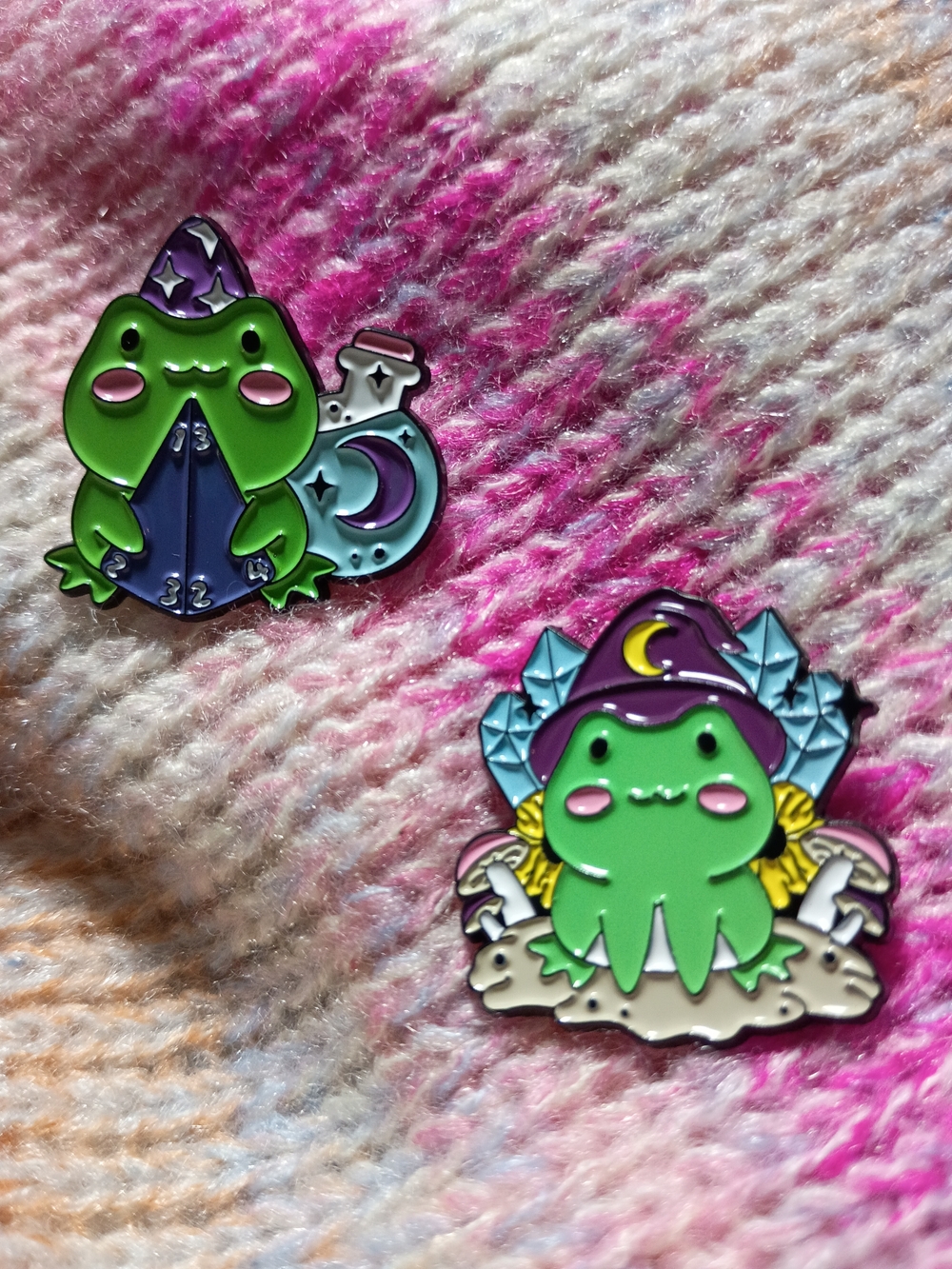 Cute Frog Wizard Witch D&D Magic Mushroom Potion Metal Lapel Pin Set Two Crystal
